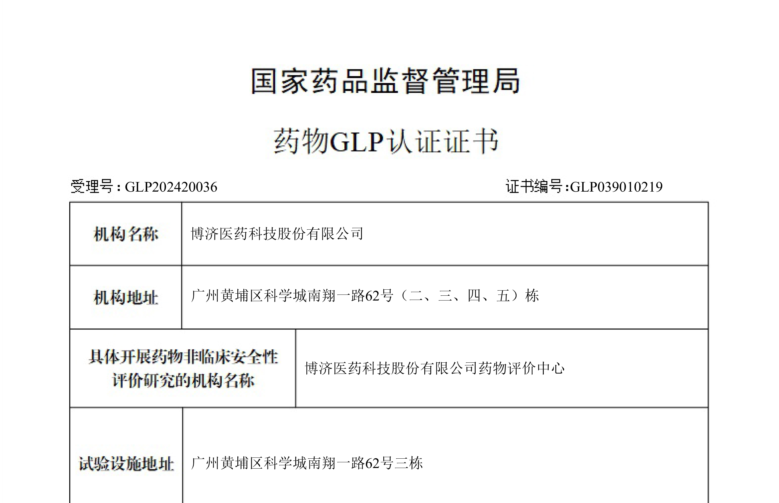 药物GLP认证证书